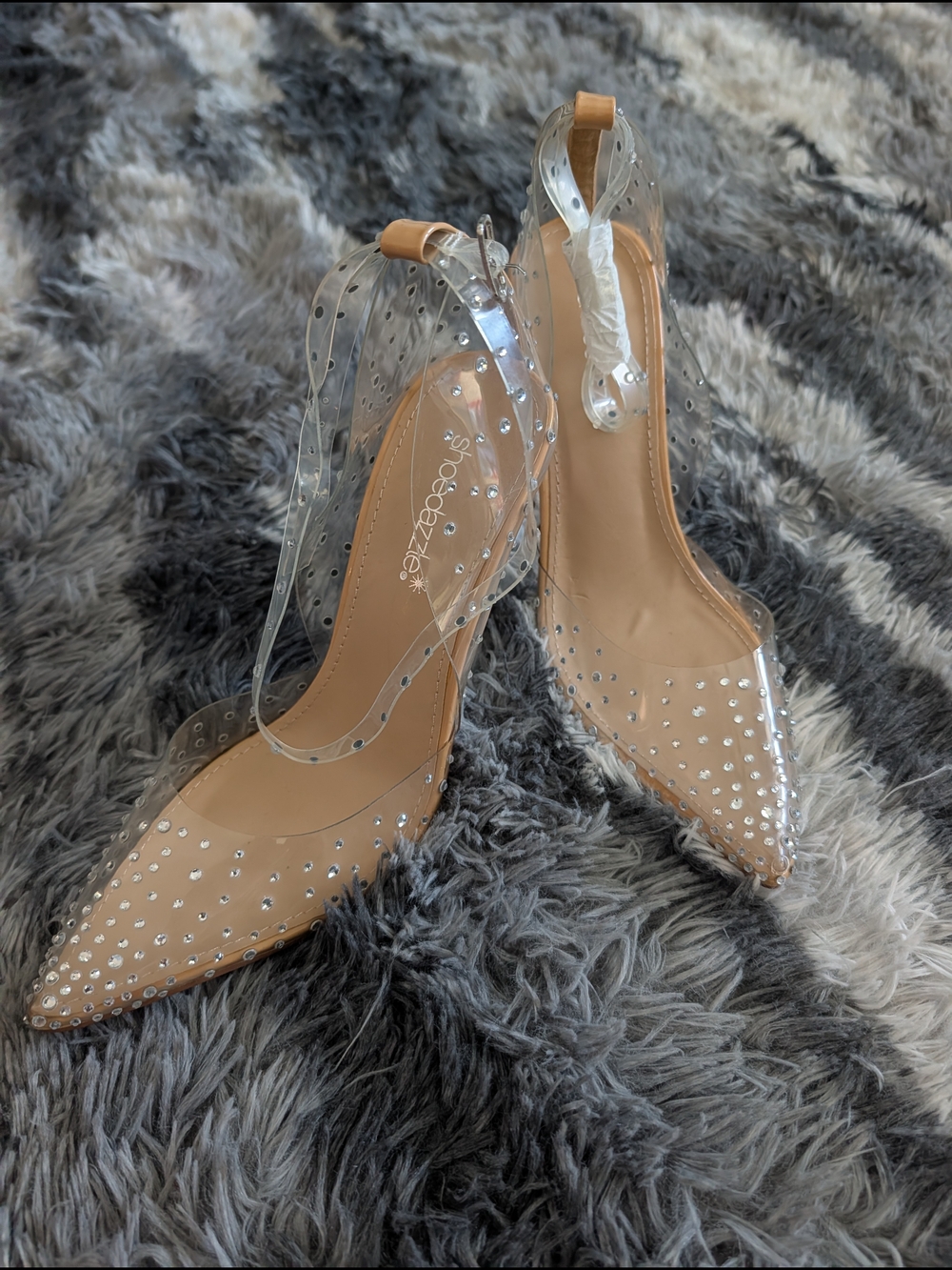 Shoe Dazzle Clear PVC Pointed-Toe Rhinestone Pumps - Nude